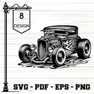 Peut inclure: Illustration en noir et blanc d'une voiture hot rod classique avec des flammes sur le côté. L'image comprend une enseigne avec "8 DESIGN" et les types de fichiers "SVG - PDF - EPS - PNG".