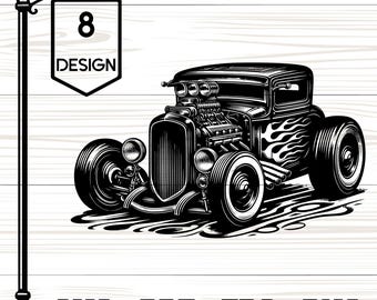 May include: A black and white graphic illustration of a hot rod car with flame decals on the side, featuring a prominent engine and large tyres. To the left, a hanging sign displays the number 8 and the word DESIGN. Below, the text reads SVG - PDF - EPS - PNG.