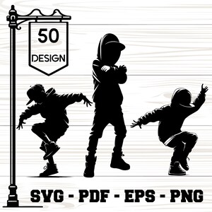 May include: Black silhouette graphic of three figures in hoodies and caps, in various dance poses. A signpost with the number "50" and the word "DESIGN" is on the left. The bottom of the image has the text "SVG - PDF - EPS - PNG".