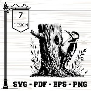 Woodpecker SVG | Woodpecker Bird Perched on Tree Branch Vector | Laser Cut Cricut Silhouette Design | Woodpecker Clipart PNG [5]