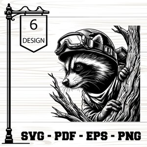 May include: A monochrome illustration of a raccoon wearing a helmet and goggles, gripping a tree branch. The image features the text "6 DESIGN" on a sign and "SVG - PDF - EPS - PNG" at the bottom.