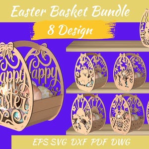 イースターバスケット SVG、レーザーカットイースターボックス、3 mm 木製カットファイル、イースターギフトボックス、DXF ePS pDF dWG、DIY イースターデコレーション、Glowforge カットファイル