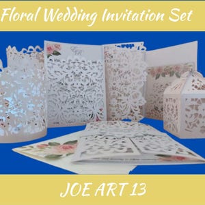 Invitación de boda floral / Manualidades SVG 3D / Tríptico, plegado en puerta, farol y caja de recuerdos / Listo para silueta Cricut, plantilla SVG para boda