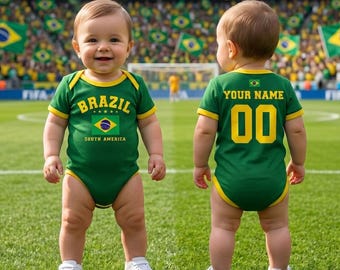 Personalized Brazil Soccer Baby Bodysuit, Brazil Baby Bodysuit Football Jersey, Custom Name Number Soccer Outfit, Brazil Jersey for Baby