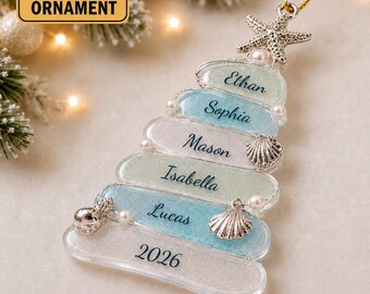 Custom Sea Glass Tree 2026 Ornament, Beach Family 3D Christmas Ornament, Personalized Coastal Keepsake Decor, Xmas Gift for Beach Lovers