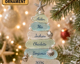 Custom Sea Glass Tree 2026 Ornament, Beach Family 3D Christmas Ornament, Personalized Coastal Keepsake Decor, Xmas Gift for Beach Lovers