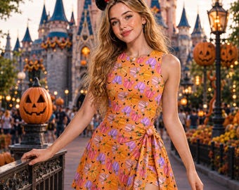 Vestido falda cruzado de Halloween con estampado de calabazas de Mickey y Minnie, conjuntos a juego de Mickey y Minnie Mouse, vestido para la fiesta de Halloween de Mickey de WDW (no tan aterrador).
