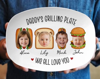 Plato personalizado para barbacoa de papá, bandeja personalizada para barbacoa con caras de niños, regalo de los niños para papá, bandeja para servir barbacoa, Día del Padre