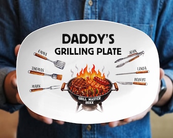 Personalized Daddy's Grilling Plate, Grilling Plate For Dad, Father's Day Gift From Kids, BBQ Gift For Dad, Custom BBQ Serving Tray Platter