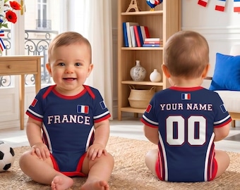 Personalized France Soccer Baby Bodysuit, Custom Name Number Infant Soccer Outfit, France Football Baby Jersey, France Football Fan Gift