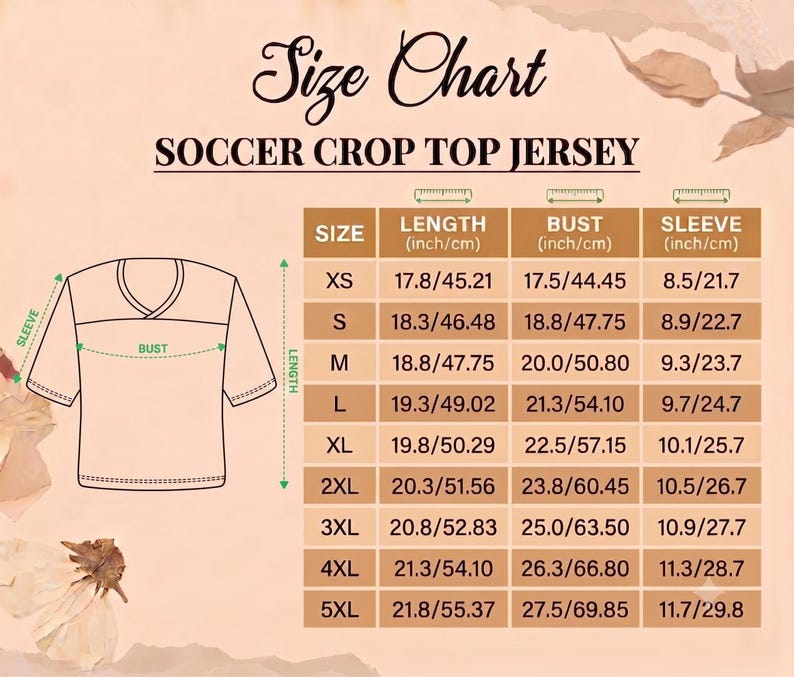 May include: A size chart for a soccer crop top jersey featuring a line drawing of the garment with labeled length, bust, and sleeve measurements. A table provides specific dimensions in inches and centimeters for sizes XS through 5XL.