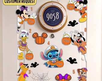 May include: A door decoration set featuring Disney characters in Halloween costumes. Includes Mickey Mouse, Minnie Mouse, Donald Duck, Pluto, Goofy, Chip, and Stitch, each holding a pumpkin. The set also includes a ship's wheel design with the number 9058.