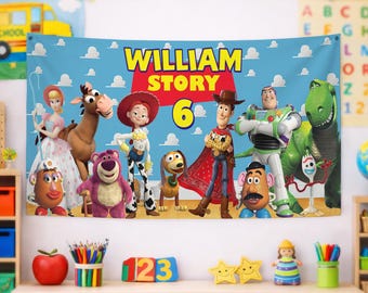 Personalized Toy Story Birthday Backdrop, DN Toy Story Banner, Toy Story Poster Banner For Boys Girl, Custom Name Age Buzz Woody Jessie