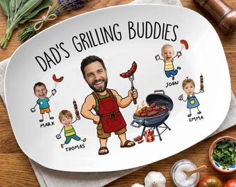 Plato personalizado para barbacoa de papá, regalo de barbacoa para el Día del Padre, plato de barbacoa personalizado con caras de niños, plato para los compañeros de barbacoa de papá, plato para papá