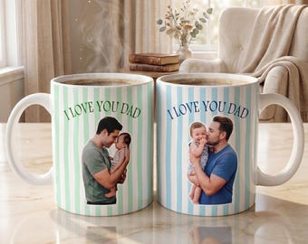 Custom Photo Striped Mug for Dad, Personalized Father and Son Picture Cup, Best Dad Gift with Custom Name, Gift for Grandpa, New Dad Gift
