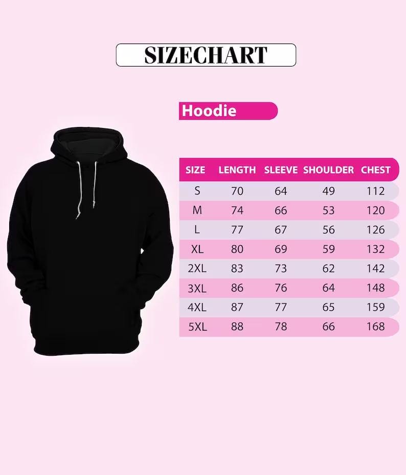 a black hoodie with a size chart below it, providing measurements for different sizes.