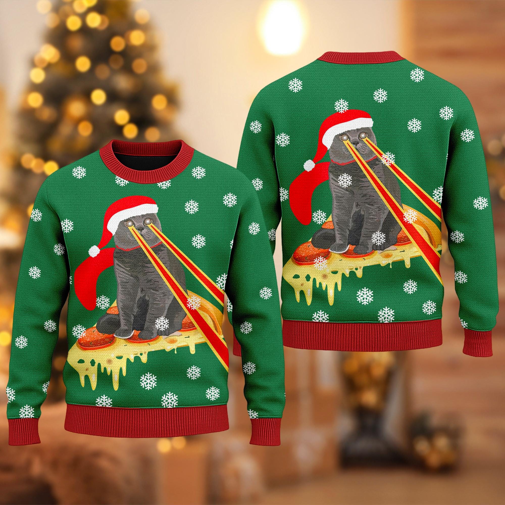 Discover Pizza Cat With Laser Eyes Ugly Christmas Sweater, Xmas Sweatshirt, Christmas Gift For Men Women Kid, Cat Christmas 3D All Over Print Shirt