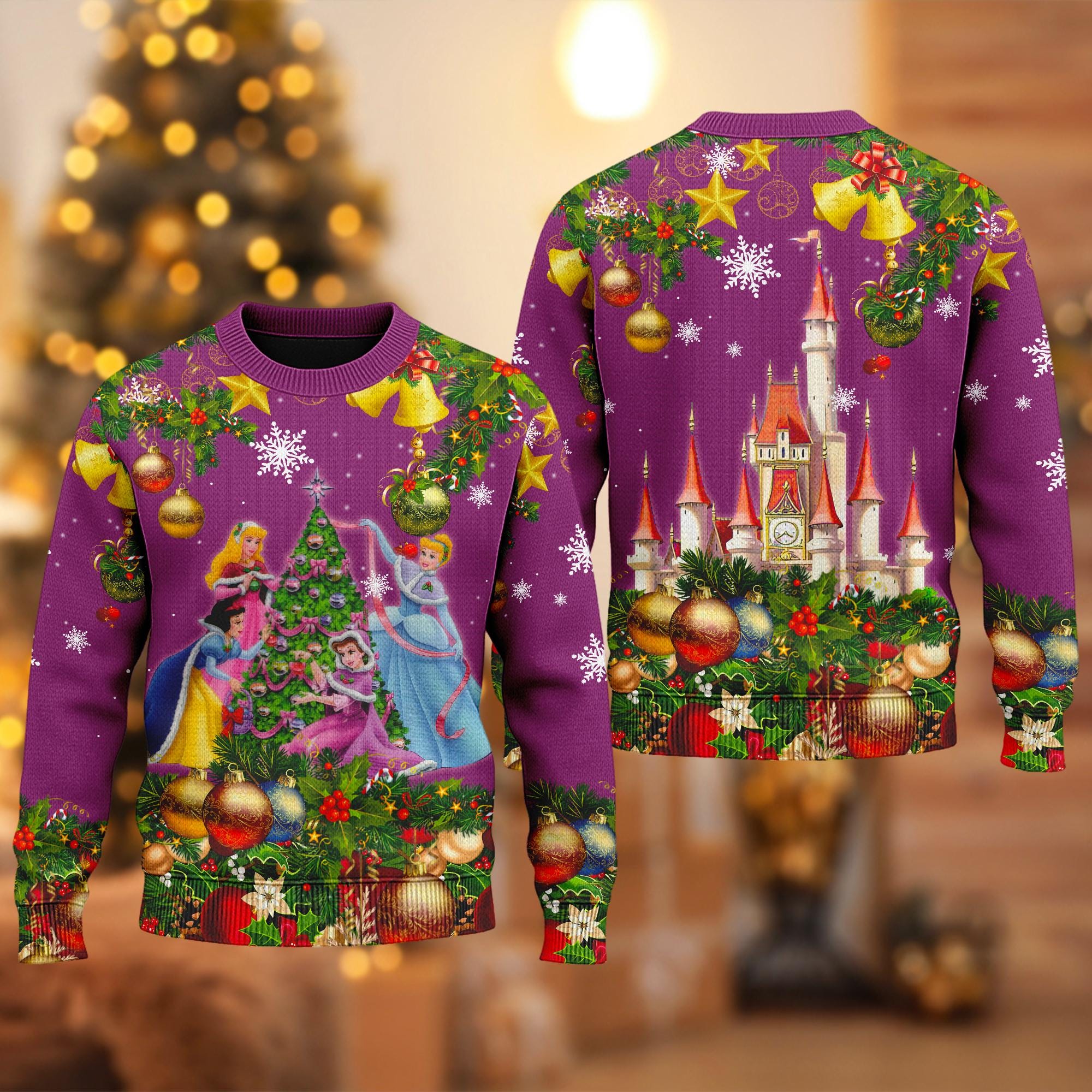 Discover Disney Princesses Purple Rainbow Castle Ugly Christmas Sweater, Princess Christmas Xmas Sweater, Christmas Gift For Men Women Kid