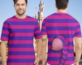 Cheshire Cat Purple Blue Stripe Cat Halloween 3D Shirt, Halloween Costume Family Group T Shirt, Mysterious Cat Character Cosplay Costume Tee