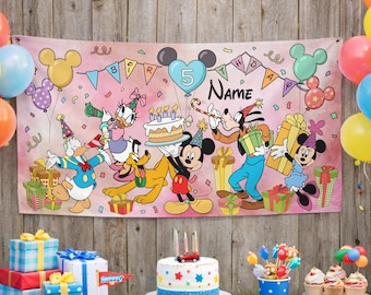 Custom Mickey Mouse Birthday Banner Backdrop, Mickey & Friends Birthday Banner, Minnie Mouse Party Decor,  Birthday Party Backdrop for Kids