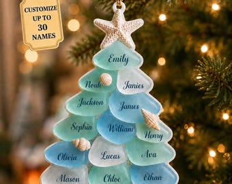 Custom Sea Glass Tree 3D Relief Acrylic Ornament, Beach Family Christmas Decor, Sea Glass Coastal Keepsake, Grandkids Gift Up To 30 Names