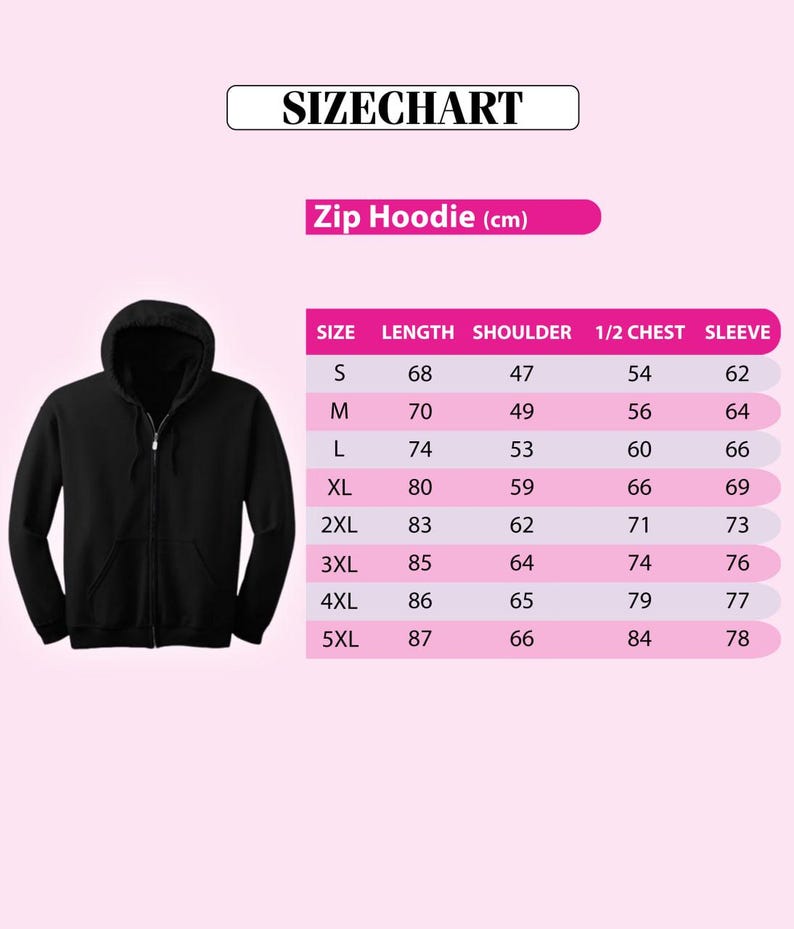 a black zip hoodie with a size chart indicating the measurements for different sizes, including S, M, L, XL, 2XL, 3XL, and 5XL.