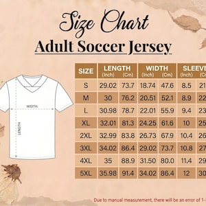 May include: A size chart for an adult soccer jersey featuring a line drawing of a V-neck shirt with arrows indicating length, width, and sleeve measurements. A table provides dimensions in inches and centimeters for sizes S through 5XL.