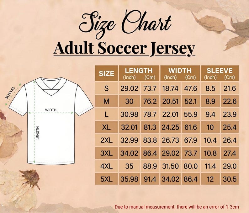May include: A size chart for an adult soccer jersey featuring a line drawing of a V-neck shirt with arrows indicating length, width, and sleeve measurements. A table provides dimensions in inches and centimeters for sizes S through 5XL.