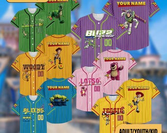 Camiseta de béisbol personalizada de Toy Story, camiseta personalizada del equipo Disney de Toy Story, regalo para fans de Disney, camiseta de Buzz Lightyear y Woody para jóvenes y adultos.