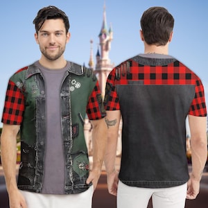 May include: A short-sleeved shirt featuring a denim jacket design on the front and a red and black plaid pattern on the sleeves. The back of the shirt has a black denim design with a red and black plaid pattern.