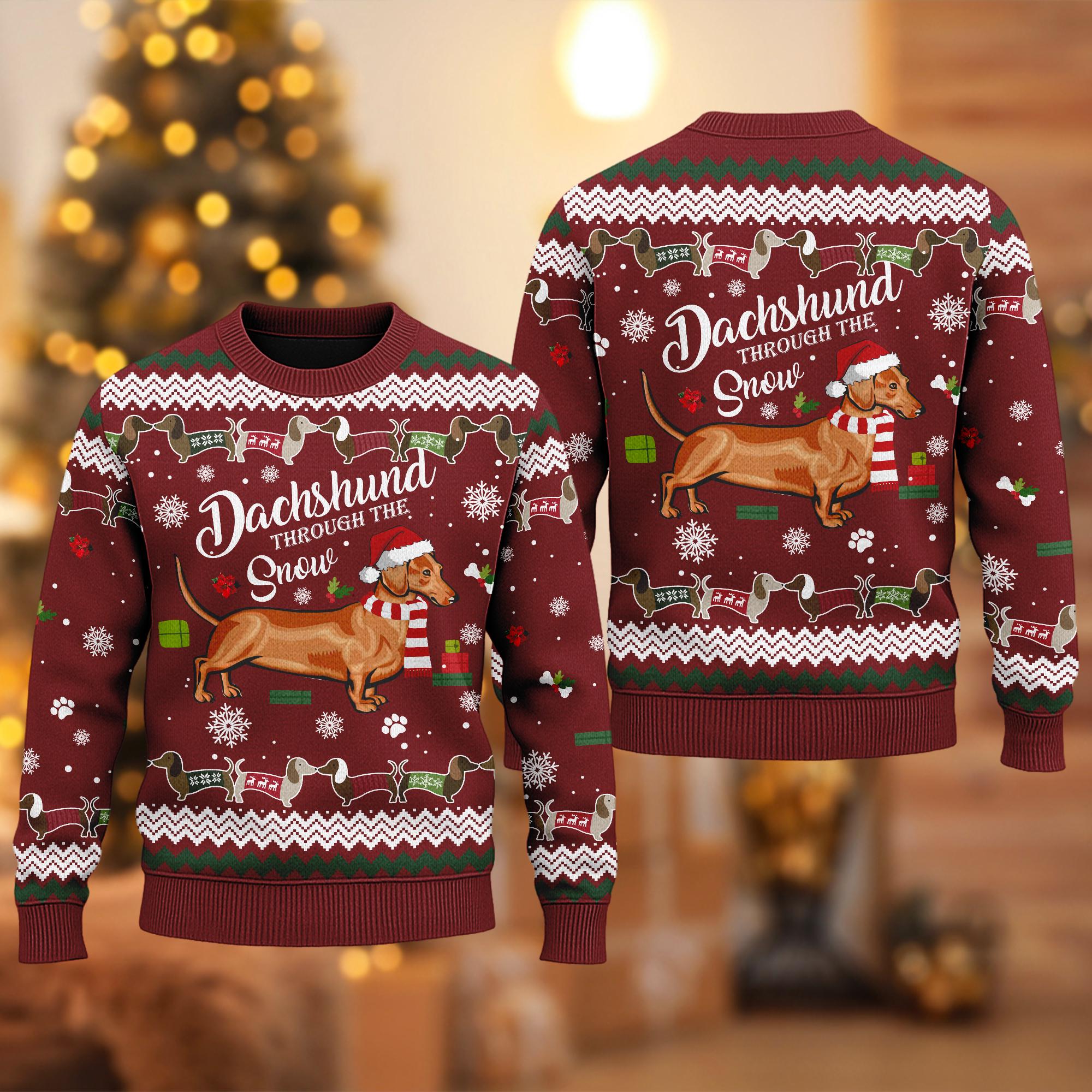 Discover Through The Snow Sweater, Dog Santa Dachshund Ugly Christmas Sweater, Xmas Sweatshirt, Christmas Gift For Men Women Kid