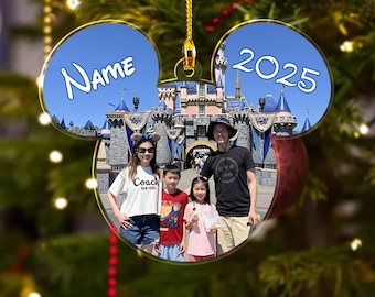 Personalized Photo Disney Family Trip 2025 Ornament, Mickey Ear Disneyworld Ornament, Disney Photo Ornament, Family Vacation Photo Ornament