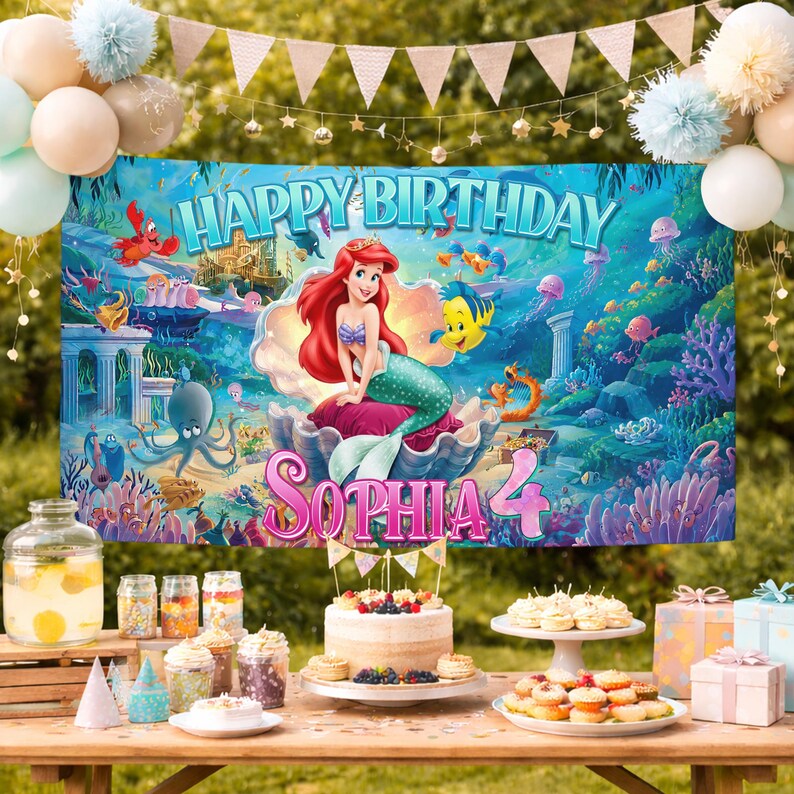 May include: A rectangular birthday banner featuring Ariel from The Little Mermaid sitting in a large seashell, surrounded by underwater coral, fish, and an octopus. The text reads HAPPY BIRTHDAY SOPHIA 4 in large blue and pink lettering.