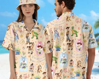 Camisa hawaiana de Toy Story de DN, camisa abotonada de Woody y Buzz Lightyear, camisa hawaiana de Toy Story, camisa de viaje de DNland, camisa de verano de DN