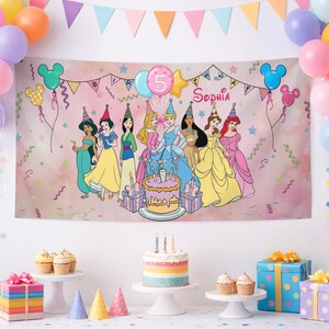 Custom Princess Birthday Banner Backdrop, Tiana Ariel Elsa Rapunzel Belle Birthday Banner, Princess Birthday Party Decor Backdrop for Kids image 5