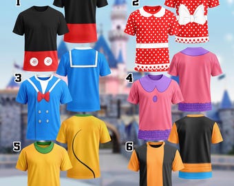 DN Mickey Minnie Donald Goofy Costume T-Shirt, Mickey Mouse Cosplay Costume Shirt, Characters Cosplay Tee, Halloween All Over Print Tee