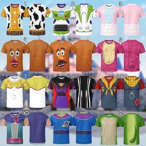 Puede incluir: Una colecci&oacute;n de doce camisetas de manga corta con varios dise&ntilde;os de personajes. Los dise&ntilde;os incluyen una camiseta inspirada en Woody, una camiseta con estampado de vaca, una camiseta inspirada en Buzz Lightyear, una camiseta rosa, una camiseta de Mr. Potato Head, una camiseta inspirada en Lotso y m&aacute;s.