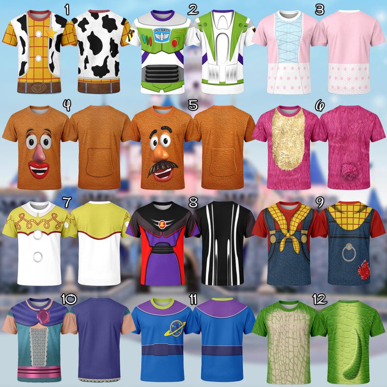 Puede incluir: Una colecci&oacute;n de doce camisetas de manga corta con varios dise&ntilde;os de personajes. Los dise&ntilde;os incluyen una camiseta inspirada en Woody, una camiseta con estampado de vaca, una camiseta inspirada en Buzz Lightyear, una camiseta rosa, una camiseta de Mr. Potato Head, una camiseta inspirada en Lotso y m&aacute;s.