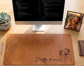 Alfombrilla de escritorio personalizada con dibujo lineal y foto "Papá, te queremos", regalo del Día del Padre para esposo, papá e hijo, alfombrilla de escritorio y alfombrilla de ratón con foto.