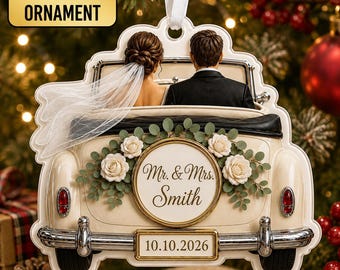 Personalized Just Married 3D Christmas Ornament, Wedding Keepsake, Mr & Mrs Xmas Ornament, Married Ornament Decor, Couple Newlywed Gifts