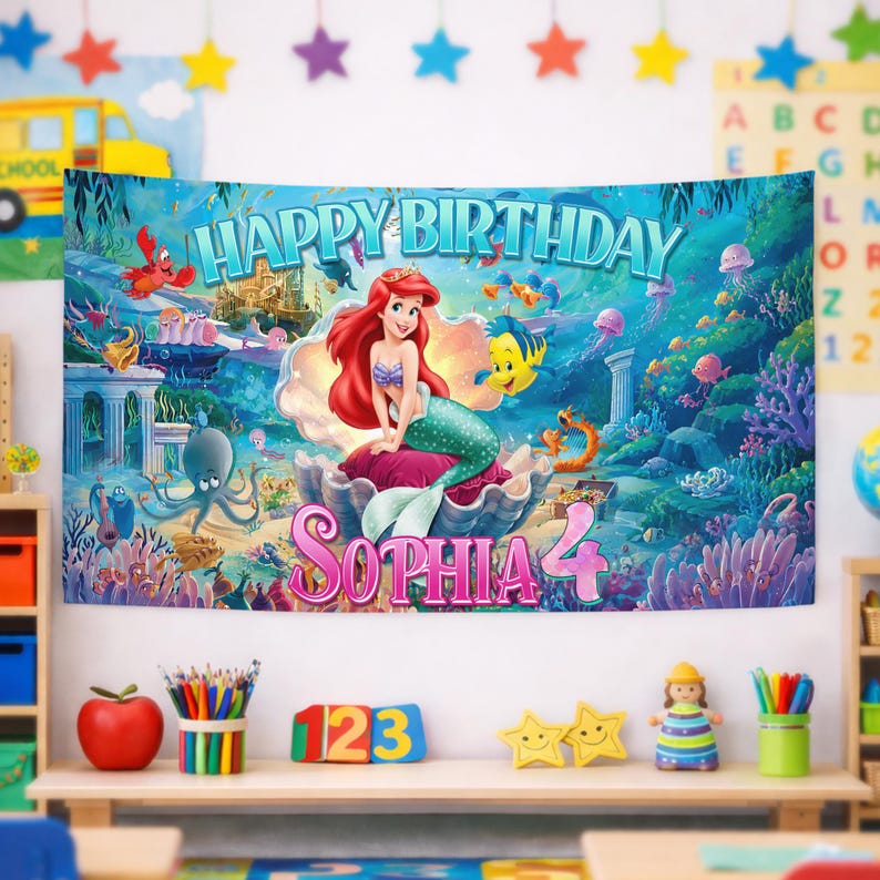 Custom The little Mermaid Birthday Banner, Ariel Princess Birthday Backdrop Decoration, Ariel Birthday Party Backdrop, Princess Party Decor image 3