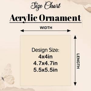 The image is a size chart for an acrylic ornament, providing dimensions for different design sizes.
