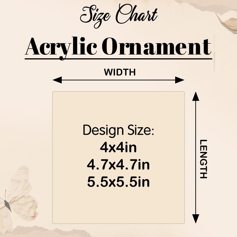 The image is a size chart for an acrylic ornament, providing dimensions for different design sizes.