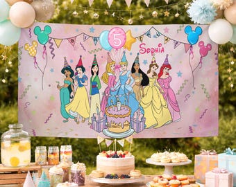 Custom Princess Birthday Banner Backdrop, Tiana Ariel Elsa Rapunzel Belle Birthday Banner, Princess Birthday Party Decor Backdrop for Kids