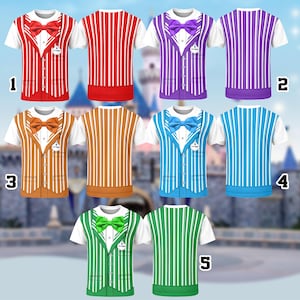 May include: Five short-sleeved t-shirts featuring a printed waistcoat and bowtie design in red, purple, orange, blue, and green. Each shirt displays a vertical striped pattern, a white collar, and a small circular badge on the chest. The back of each shirt shows the corresponding vertical stripe pattern.