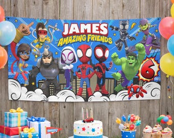 Pancarta de cumpleaños personalizada de Spidey y sus increíbles amigos, telón de fondo para fiesta de cumpleaños de Spidey, pancarta de Spiderman, telón de fondo de superhéroes de Marvel para niños