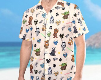 Camisa hawaiana de globos de Star Wars, camisa hawaiana de Baby Yoda, Darth Vader y R2D2, camisa de botones de Star Wars Disney, conjunto de vacaciones de verano de Disney