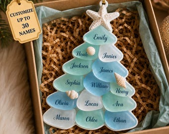 Custom Sea Glass Tree 3D Relief Acrylic Ornament, Beach Family Christmas Decor, Sea Glass Coastal Keepsake, Grandkids Gift Up To 30 Names