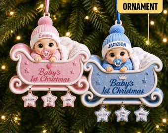 Personalized Baby’s First Christmas Ornament, Baby Newborn 3D Relief Acrylic Ornament, Custom Name Birth Stats, Baby Girl Boy Newborn Gifts