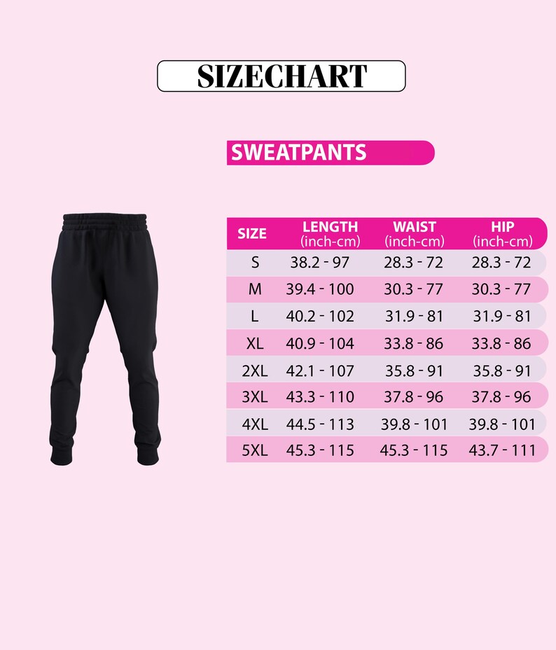 a pair of black sweatpants with a size chart indicating the waist, hip, and leg measurements for different sizes.